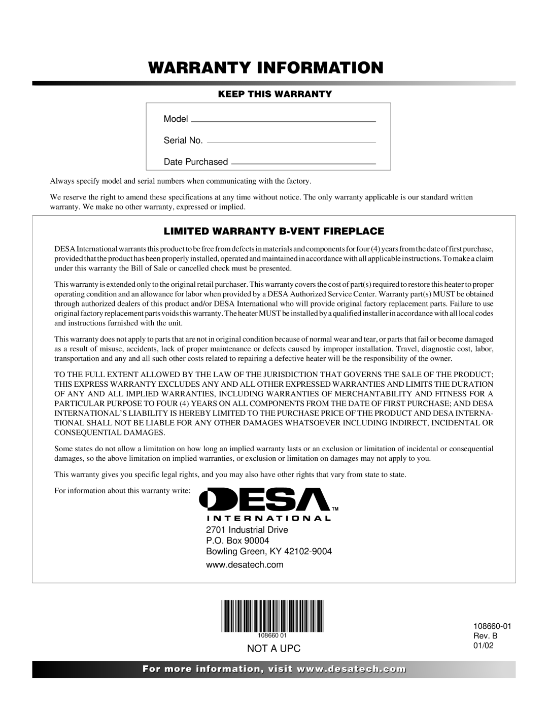 Desa VP324, VP325(B) installation manual Warranty Information 