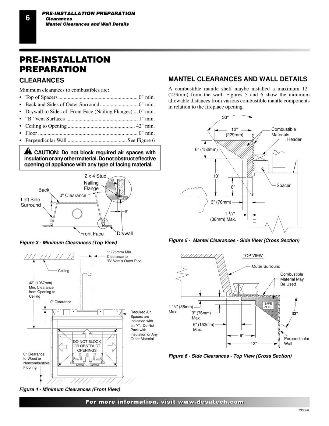 Desa VP324, VP325(B) installation manual PRE-INSTALLATION Preparation, Mantel Clearances and Wall Details 