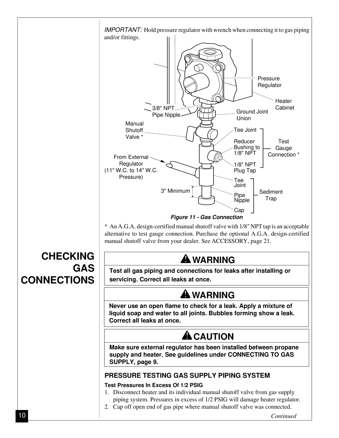 Desa VP5A, VP11 installation manual Checking GAS Connections, Pressure Testing GAS Supply Piping System 