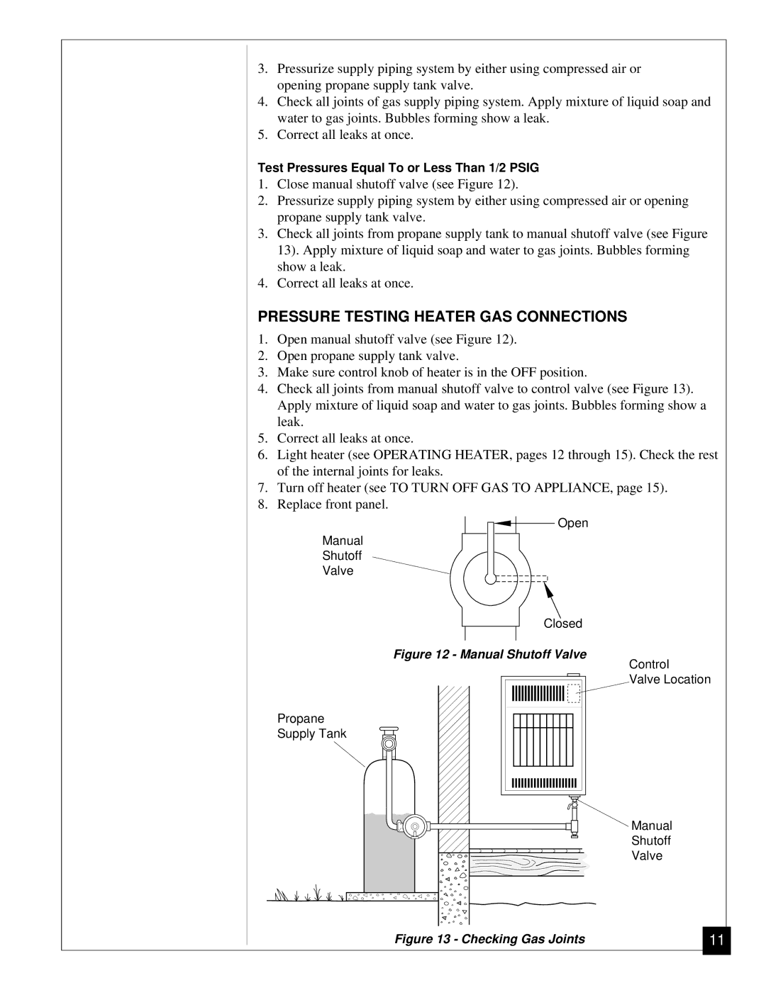 Desa VP11, VP5A installation manual Pressure Testing Heater GAS Connections, Manual Shutoff Valve 