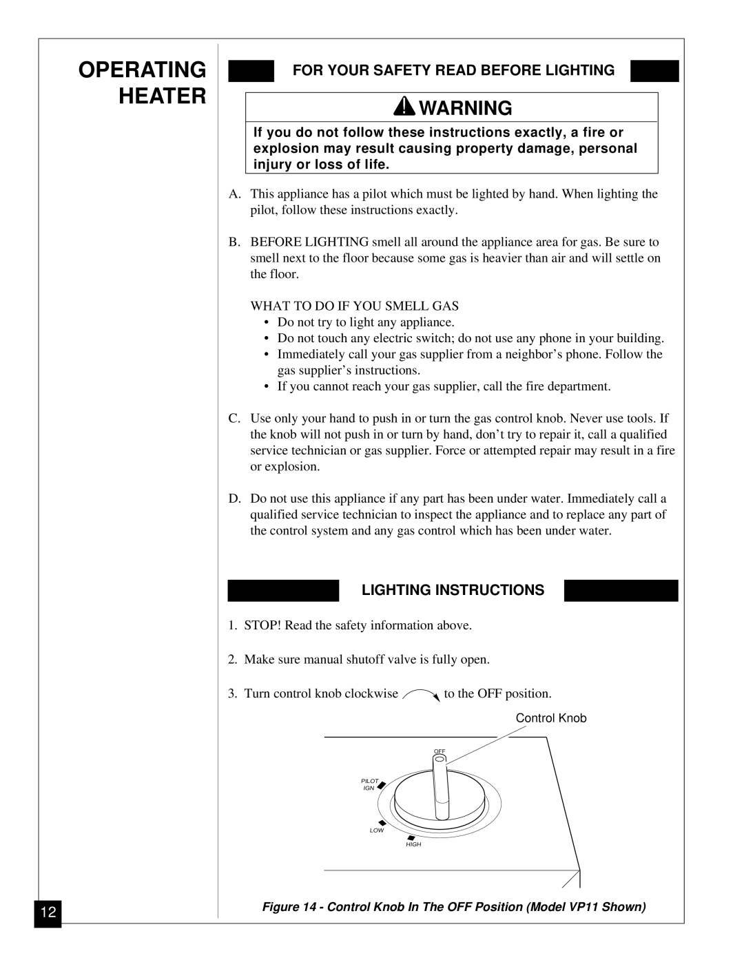 Desa VP5A, VP11 installation manual Operating Heater, For Your Safety Read Before Lighting, Lighting Instructions 