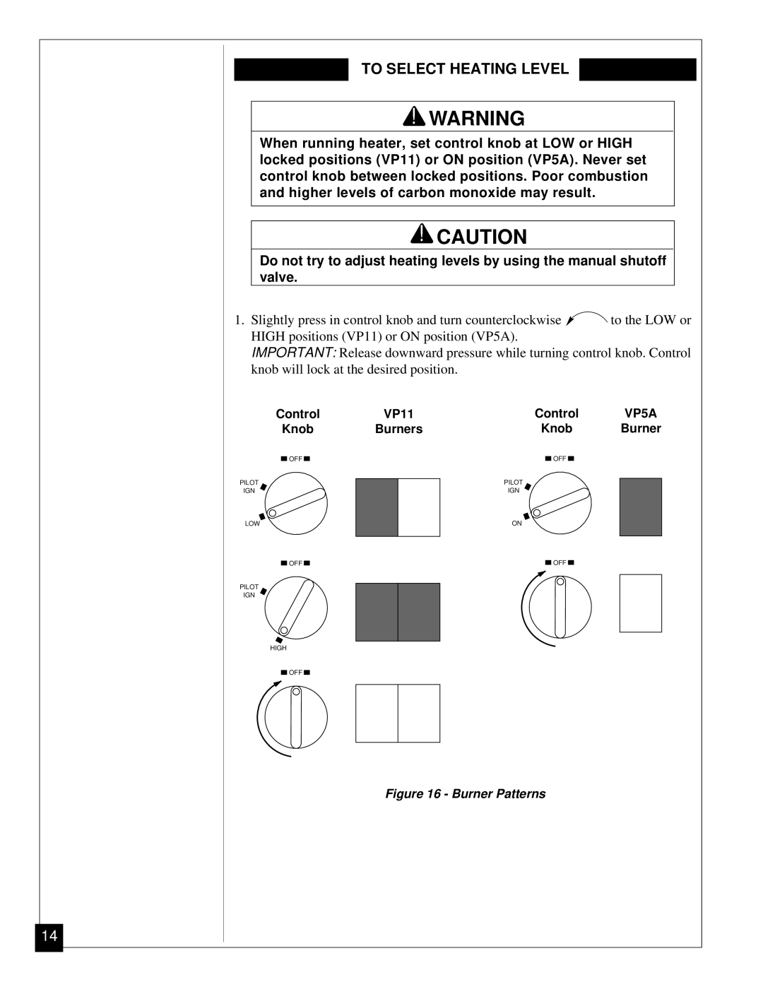 Desa VP5A, VP11 installation manual To Select Heating Level, Burner Patterns 