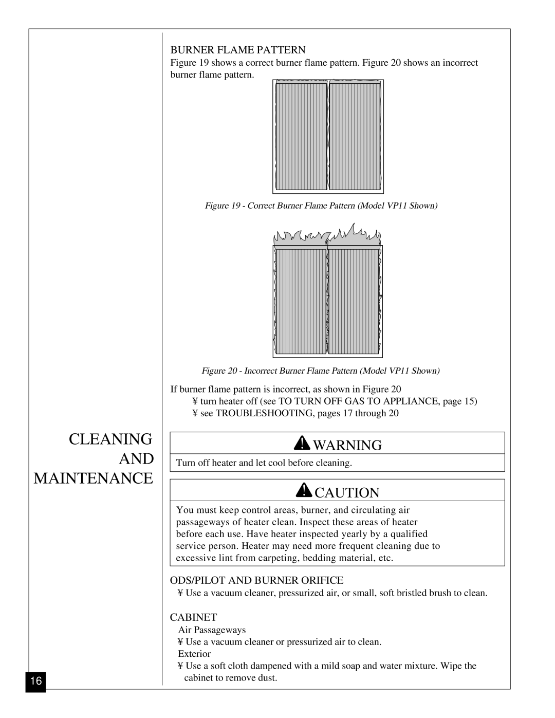 Desa VP5A, VP11 installation manual Cleaning and Maintenance, Burner Flame Pattern, ODS/PILOT and Burner Orifice, Cabinet 