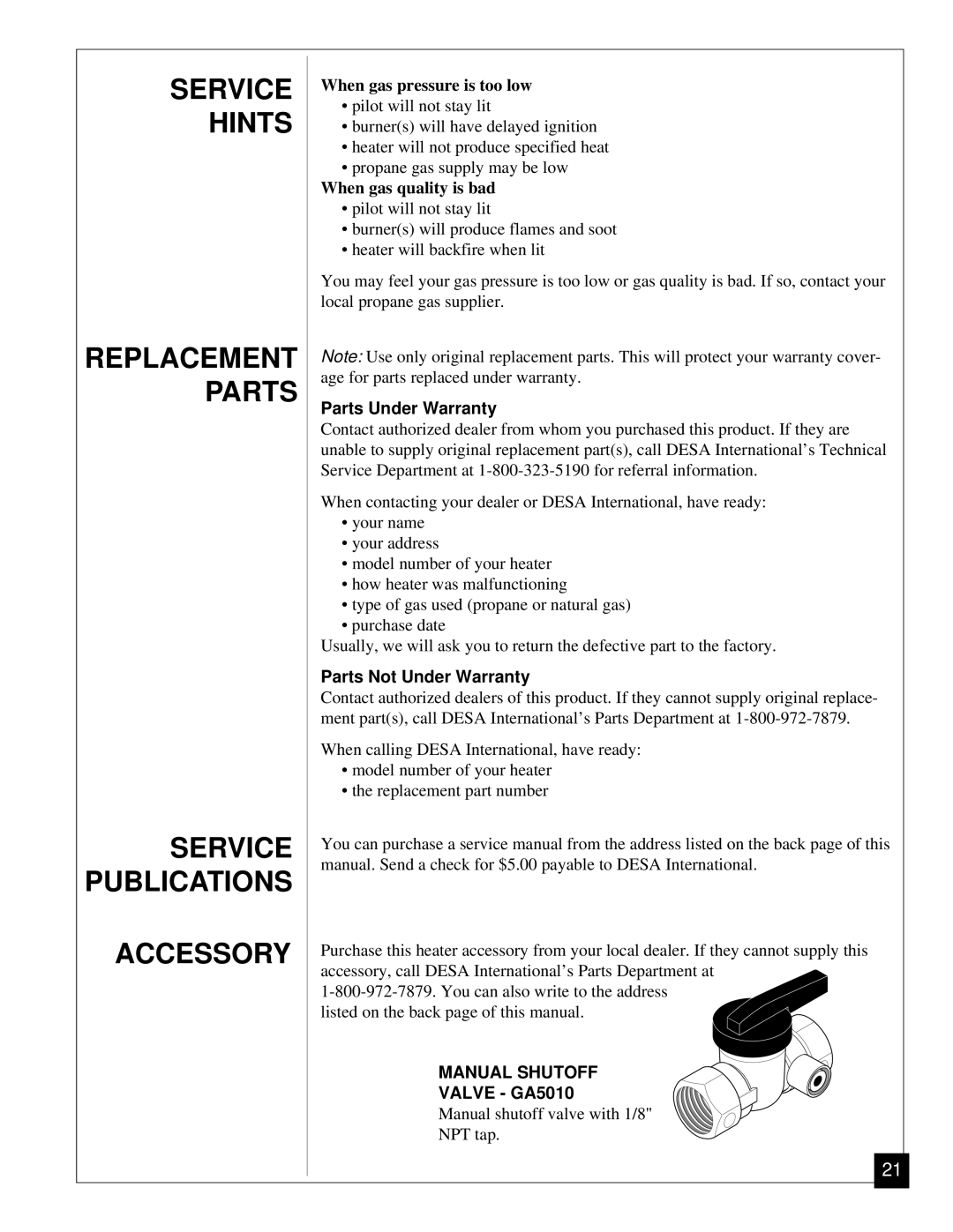 Desa VP11, VP5A installation manual Parts Under Warranty, Parts Not Under Warranty, Valve GA5010 