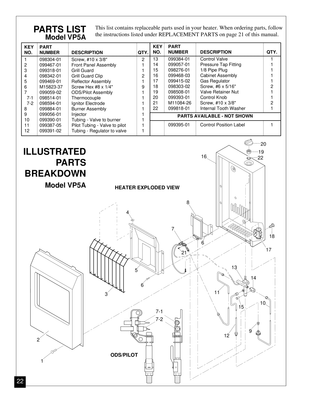 Desa VP5A, VP11 installation manual Parts List, Parts Breakdown 