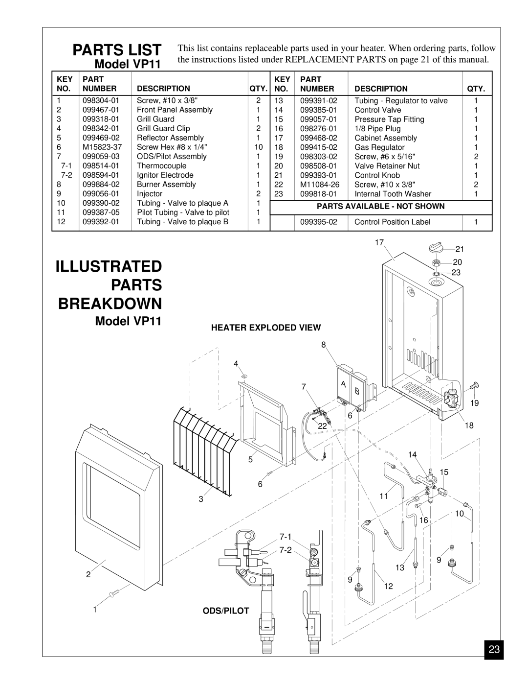 Desa VP5A installation manual Illustrated Parts Breakdown, Model VP11 