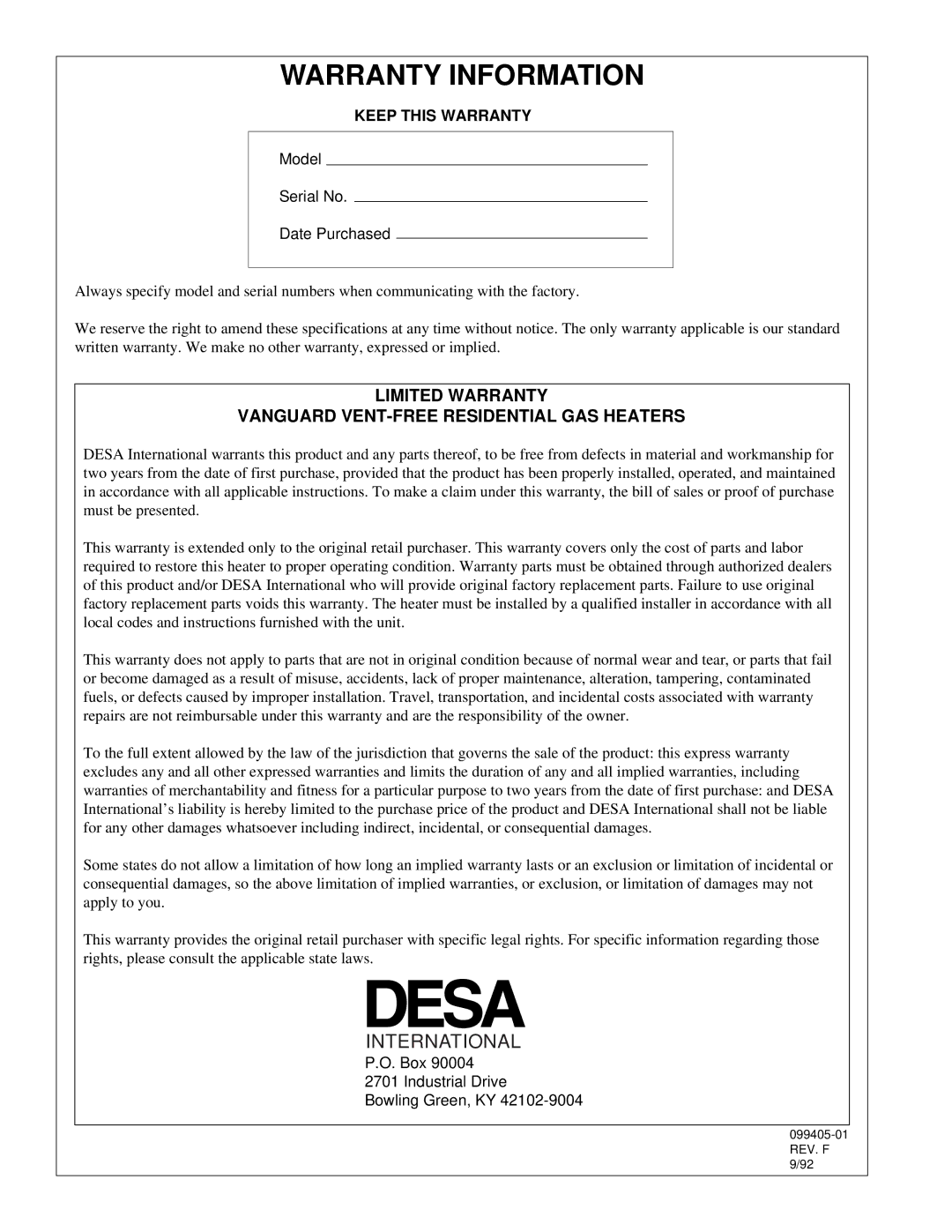 Desa VP5A, VP11 installation manual Warranty Information, International 