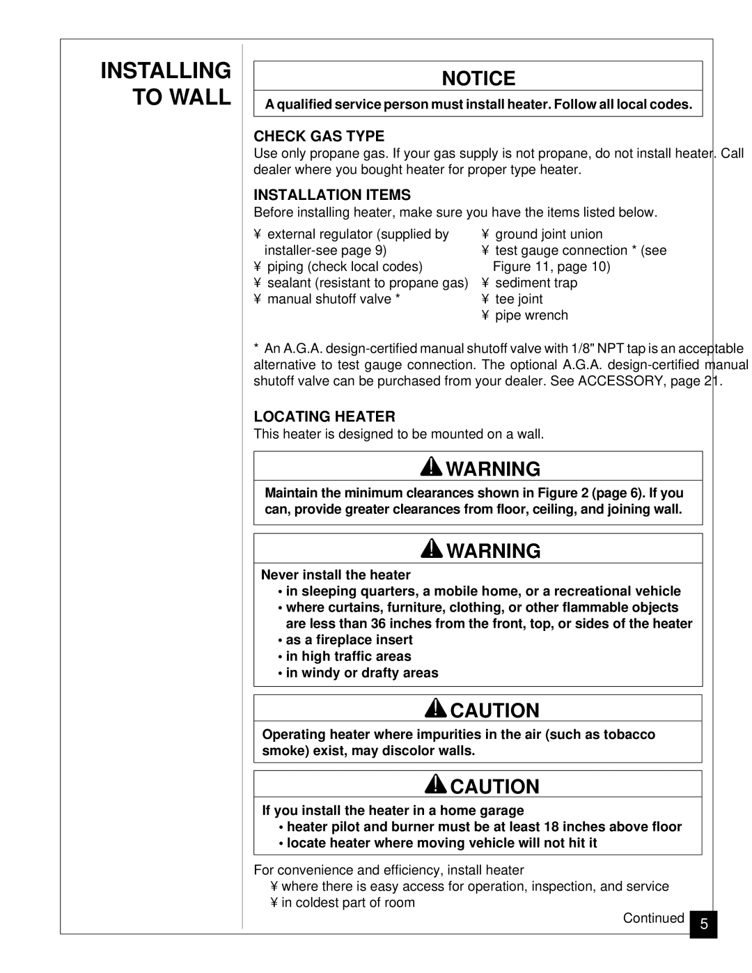 Desa VP11, VP5A installation manual Check GAS Type, Installation Items, Locating Heater 