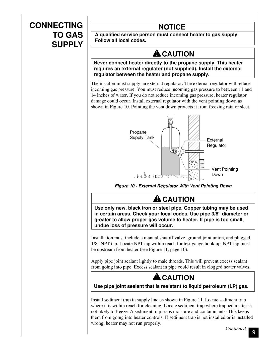 Desa VP11, VP5A installation manual Connecting to GAS Supply, External Regulator With Vent Pointing Down 