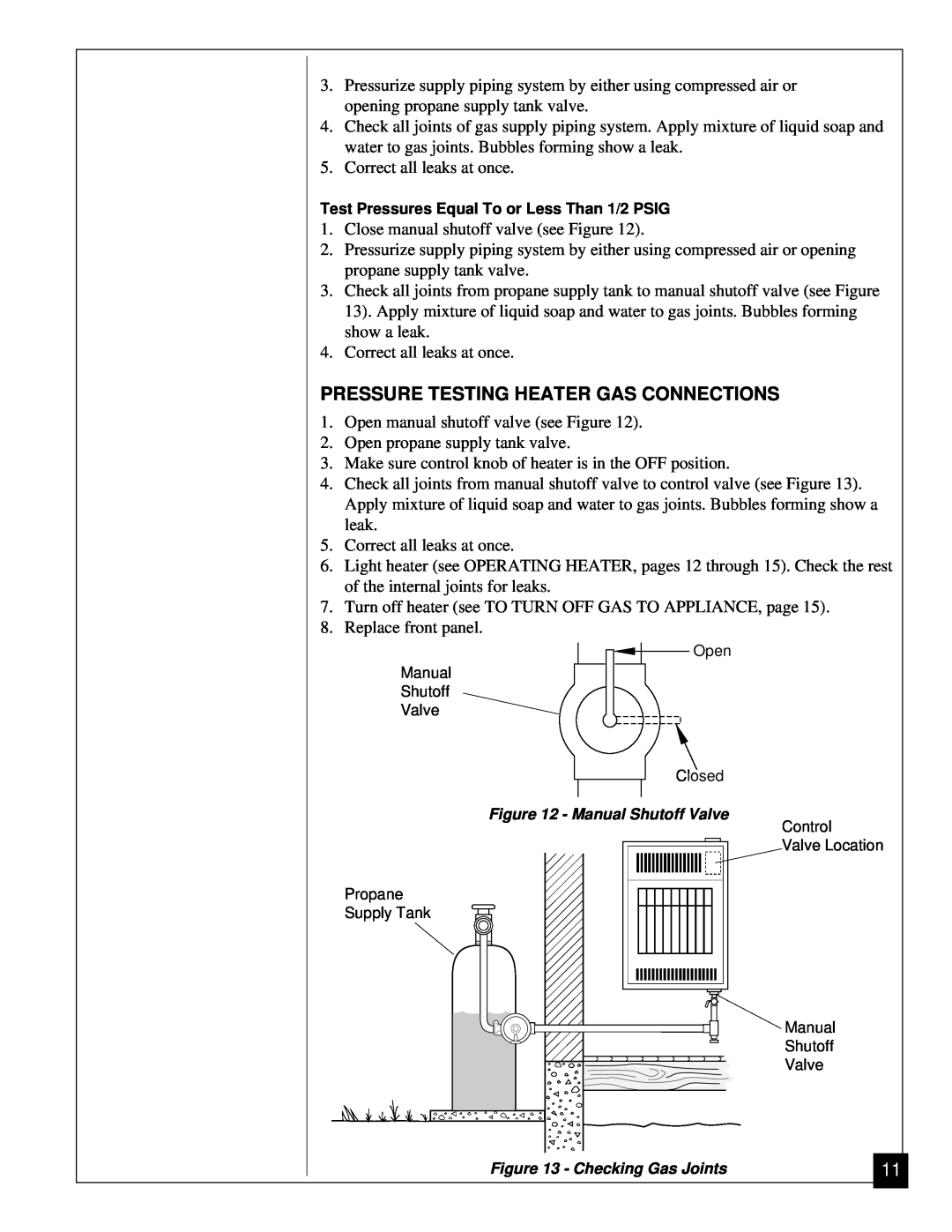 Desa VP11, VP5A installation manual Pressure Testing Heater Gas Connections 