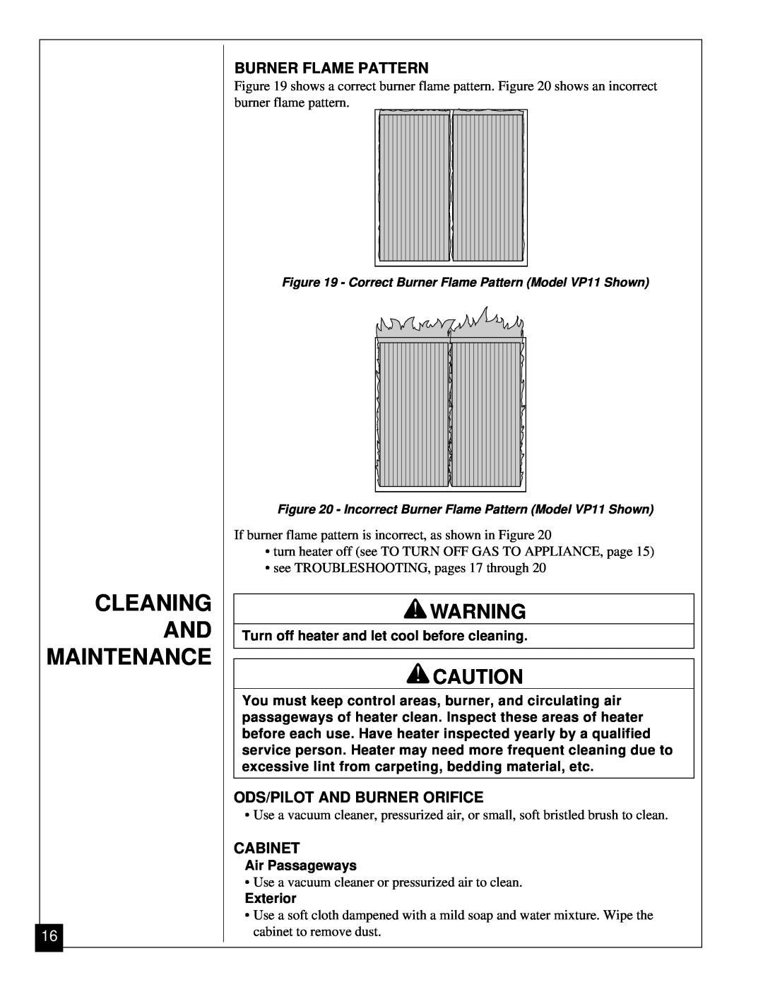 Desa VP5A, VP11 installation manual Cleaning And Maintenance, Burner Flame Pattern, Ods/Pilot And Burner Orifice, Cabinet 