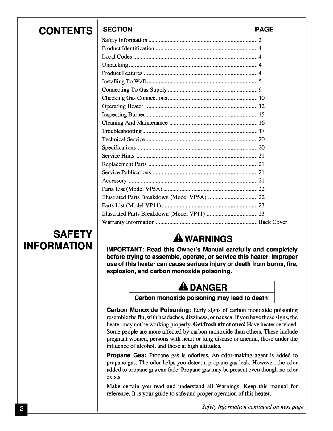 Desa VP5A, VP11 installation manual Contents Safety Information, Warnings, Danger, Safety Information continued on next page 