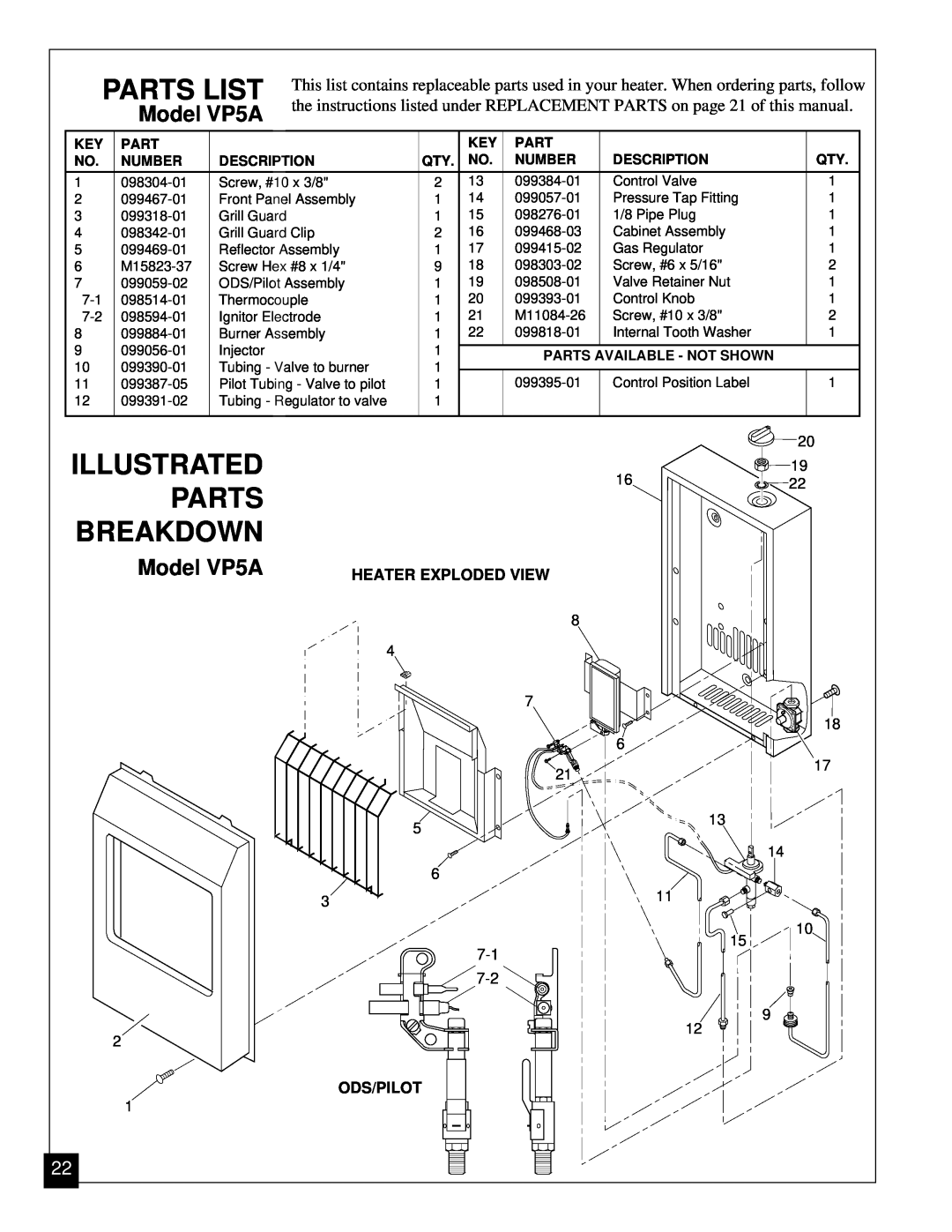 Desa VP11 installation manual Parts List, Breakdown, Illustrated, Model VP5A 