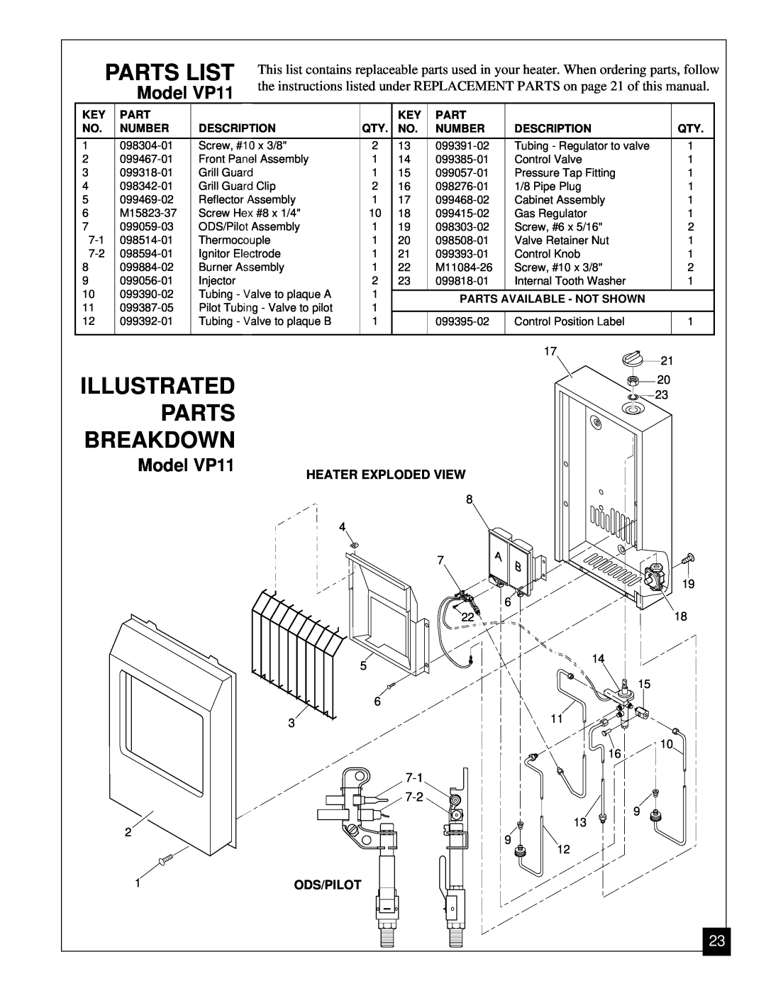 Desa VP5A installation manual Illustrated Parts Breakdown, Model VP11, Parts List 