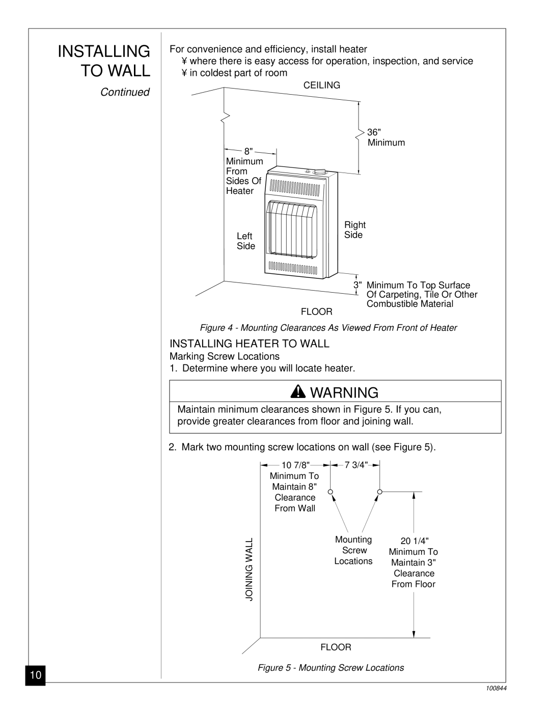 Desa VP5B, VP11A installation manual Installing Heater to Wall, Marking Screw Locations 