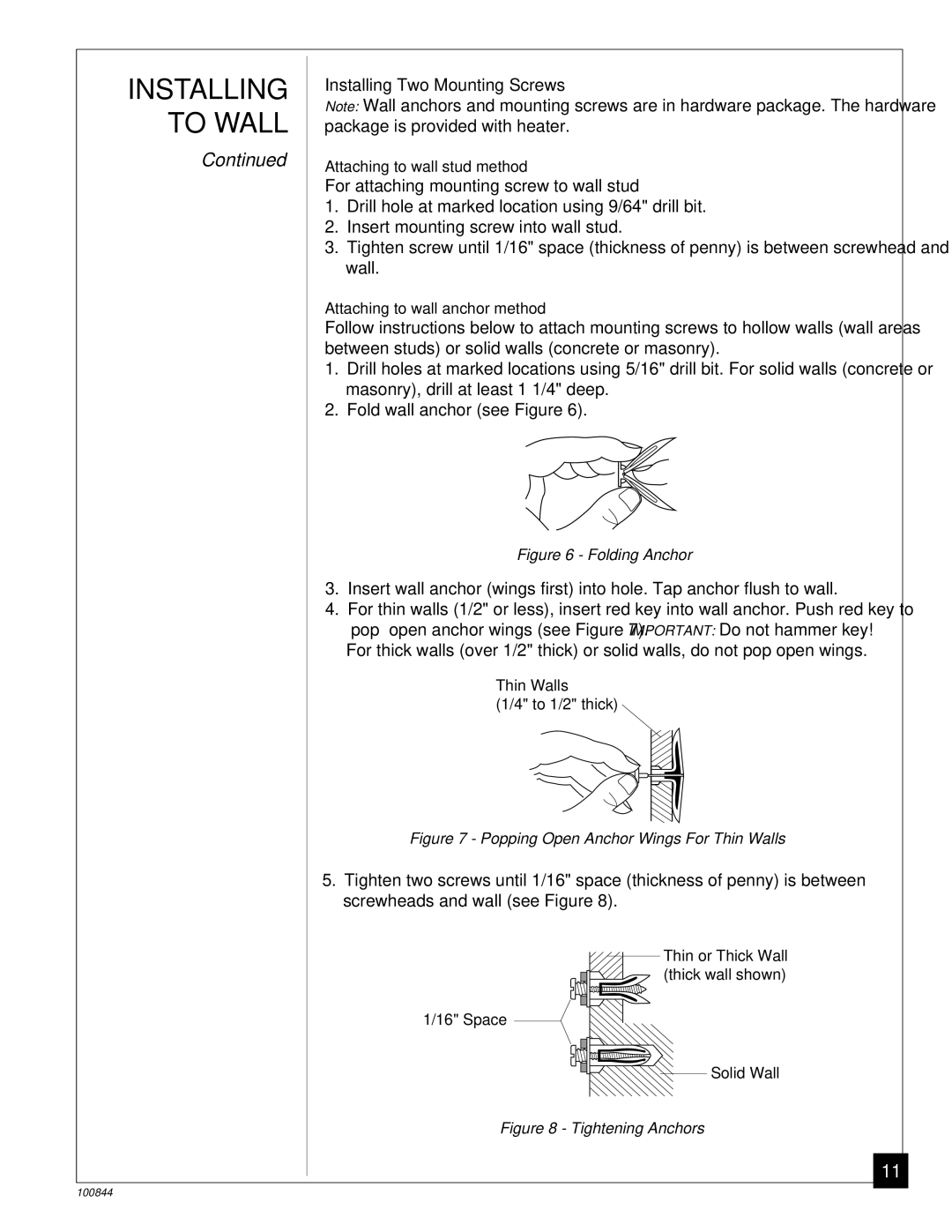 Desa VP11A, VP5B installation manual Installing Two Mounting Screws, Folding Anchor 