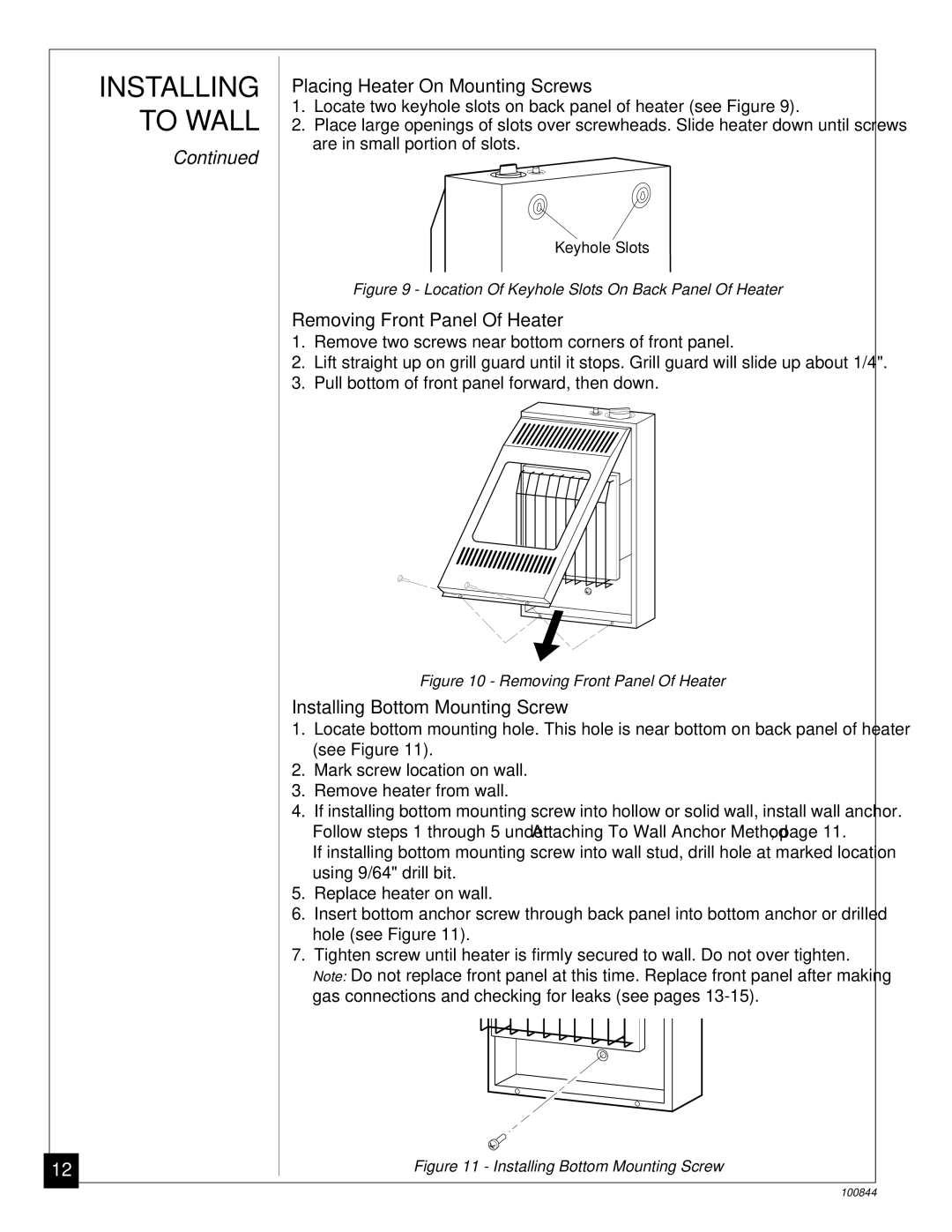 Desa VP5B, VP11A installation manual Placing Heater On Mounting Screws 