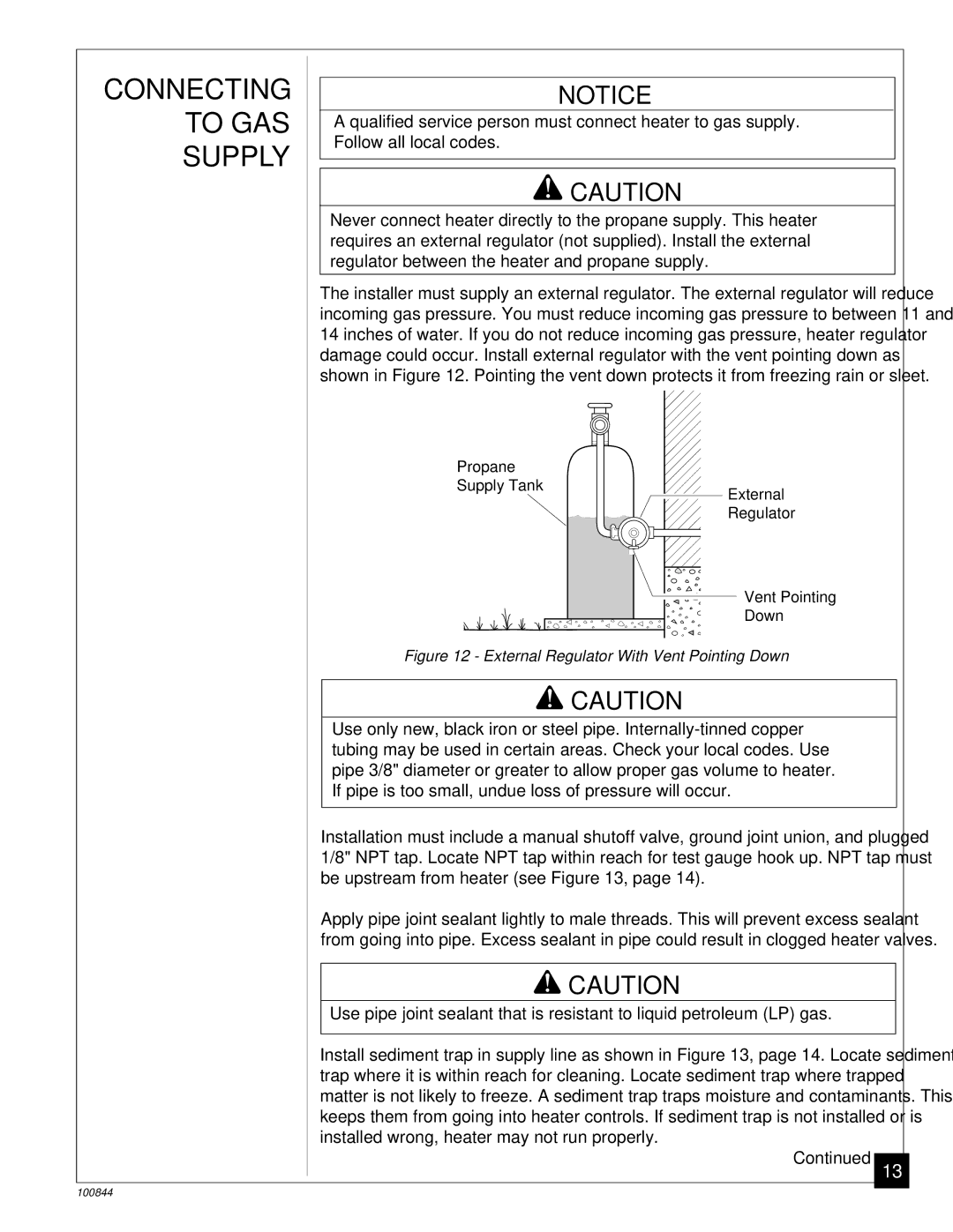 Desa VP11A, VP5B installation manual Connecting to GAS Supply, External Regulator With Vent Pointing Down 