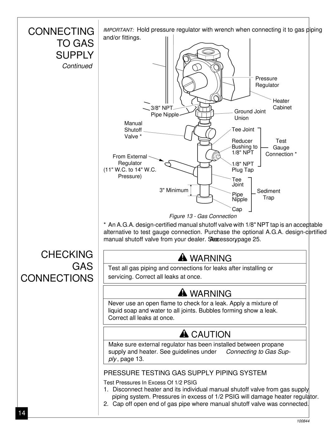 Desa VP5B, VP11A installation manual Checking GAS Connections, Pressure Testing GAS Supply Piping System 