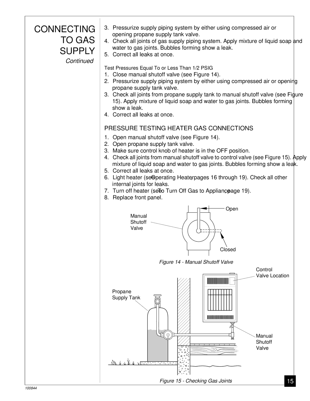 Desa VP11A, VP5B installation manual Pressure Testing Heater GAS Connections, Manual Shutoff Valve 