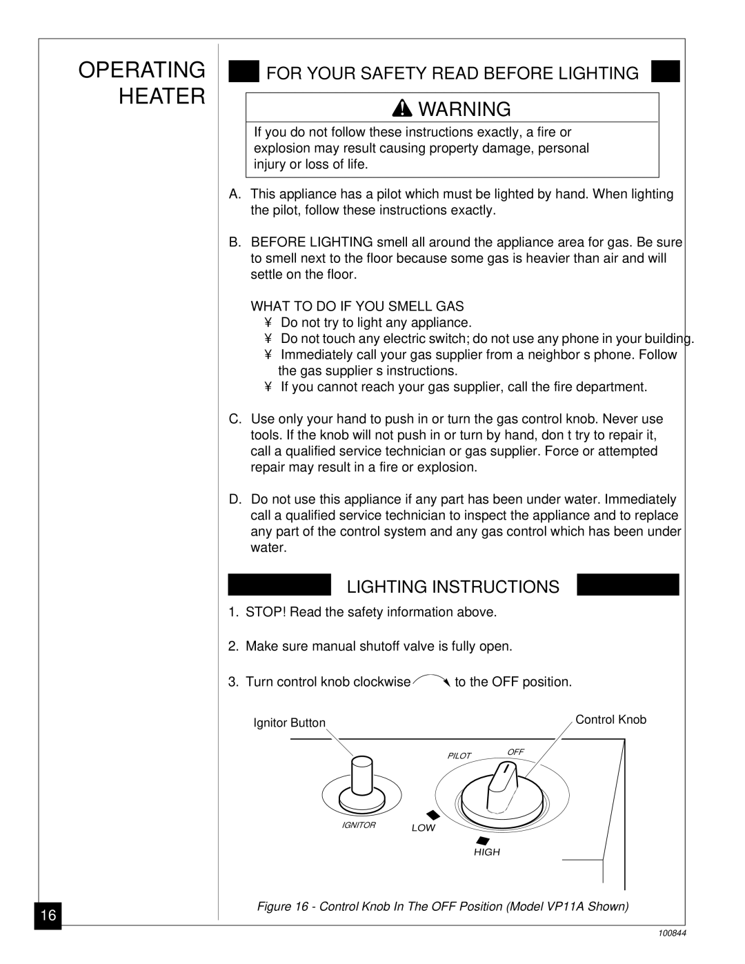 Desa VP5B, VP11A installation manual Operating Heater, For Your Safety Read Before Lighting 