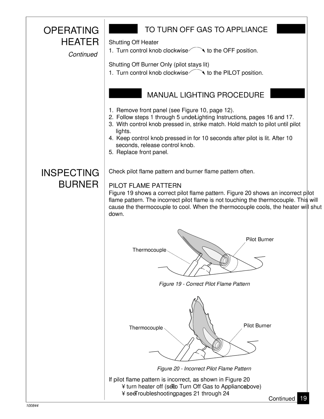 Desa VP11A, VP5B installation manual Operating Heater Inspecting Burner, Pilot Flame Pattern, Shutting Off Heater 