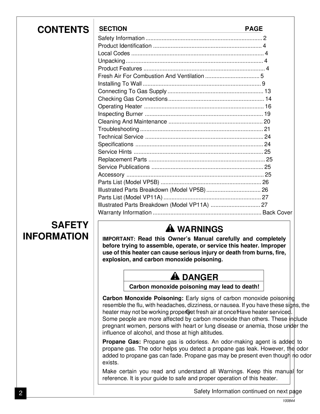 Desa VP5B, VP11A installation manual Contents Safety Information 