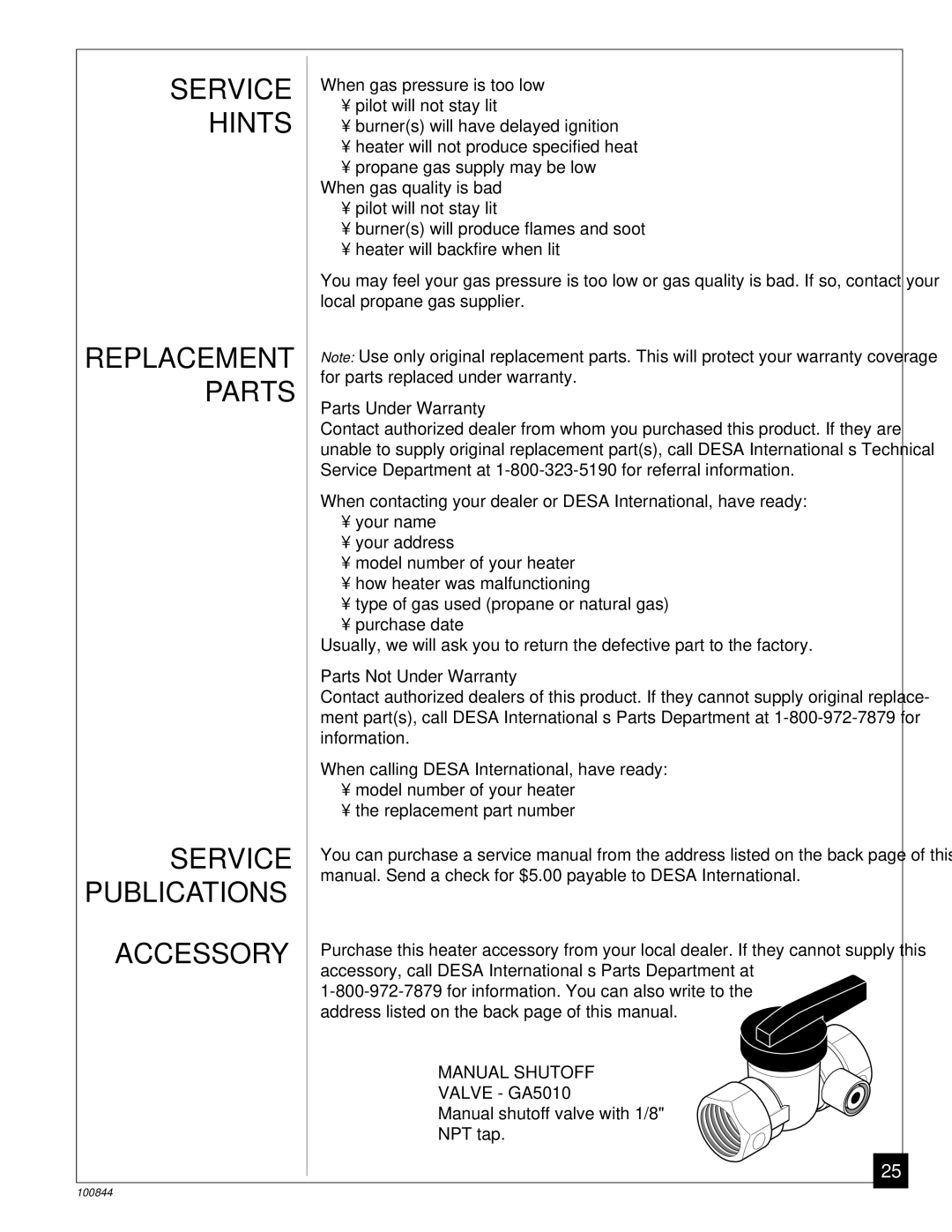 Desa VP11A, VP5B installation manual Parts Under Warranty, Parts Not Under Warranty, Valve GA5010 