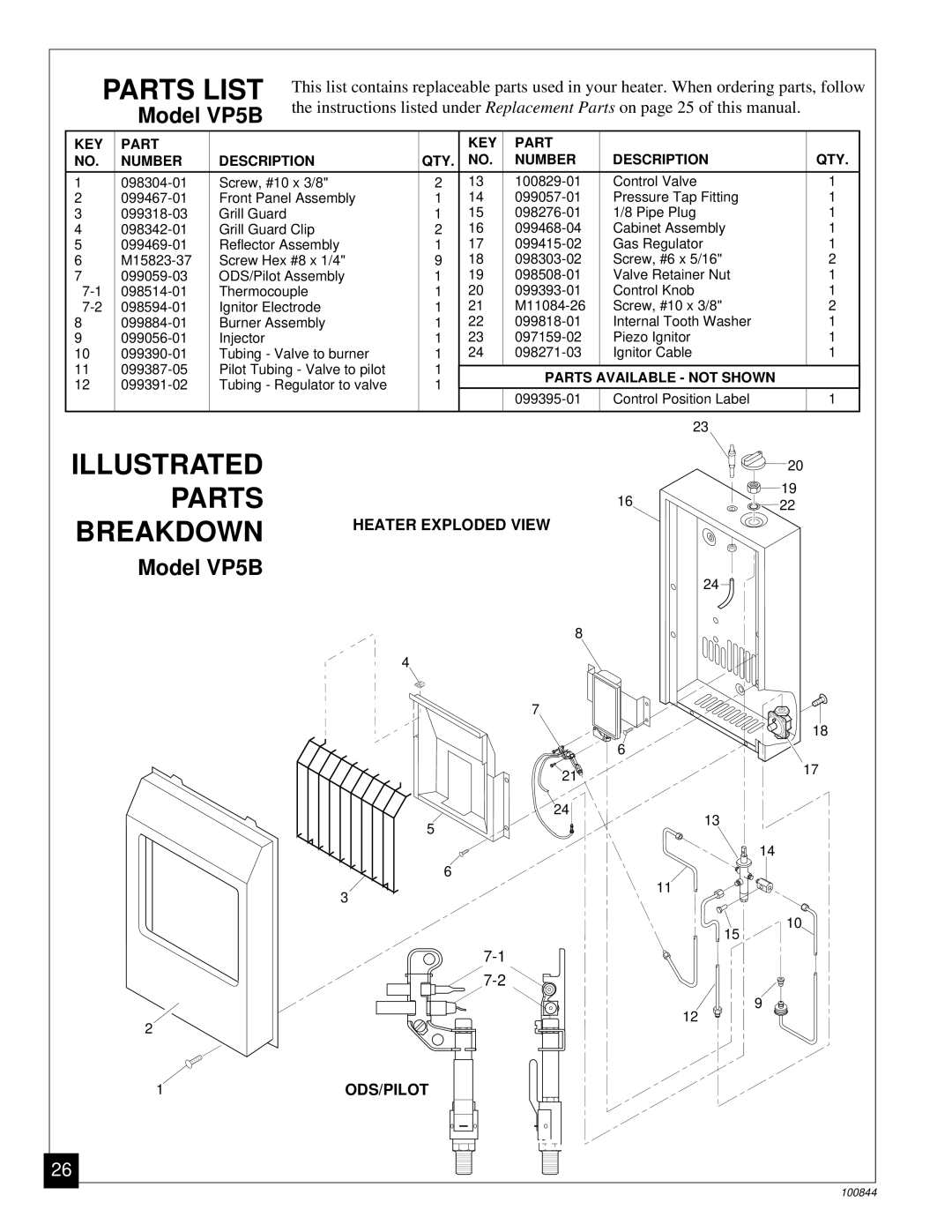 Desa VP5B, VP11A installation manual Parts List, Illustrated Parts Breakdown 