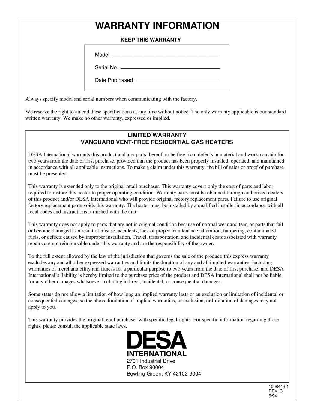 Desa VP5B, VP11A installation manual Warranty Information, Keep this Warranty 