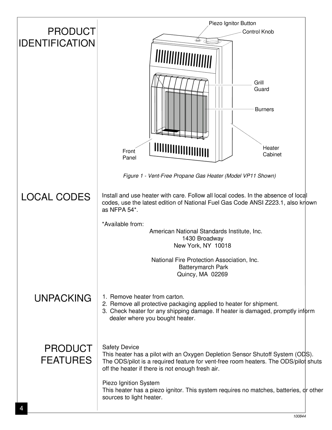 Desa VP5B, VP11A Product Identification, Local Codes Unpacking Product Features, Safety Device, Piezo Ignition System 