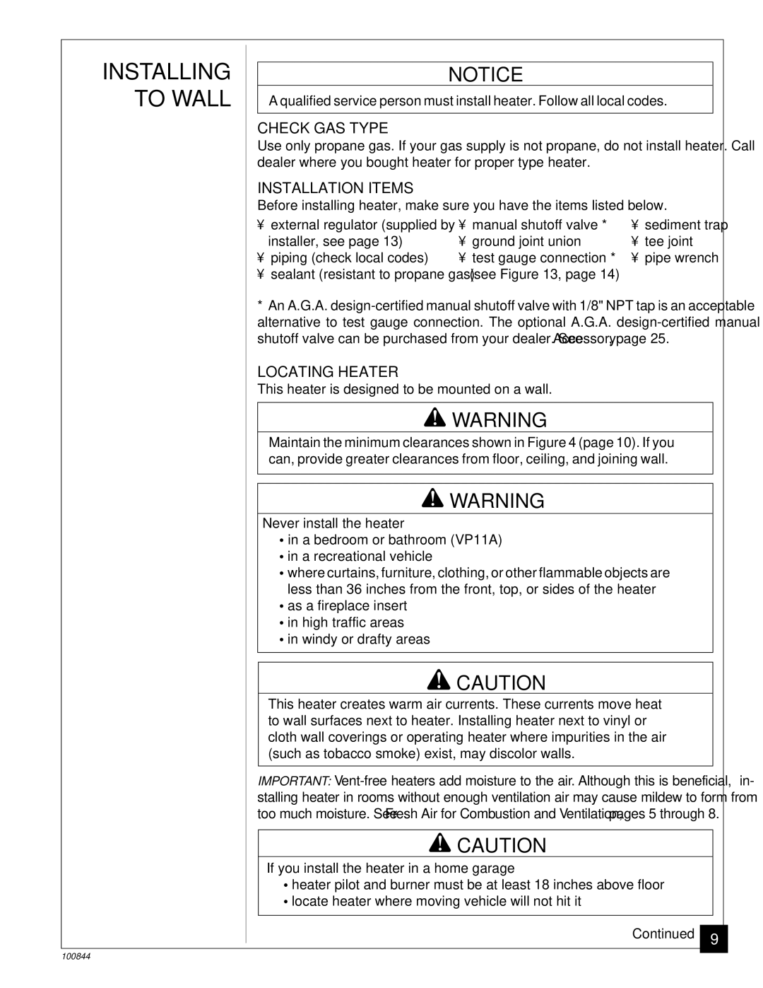 Desa VP11A, VP5B installation manual Check GAS Type, Installation Items, Locating Heater 