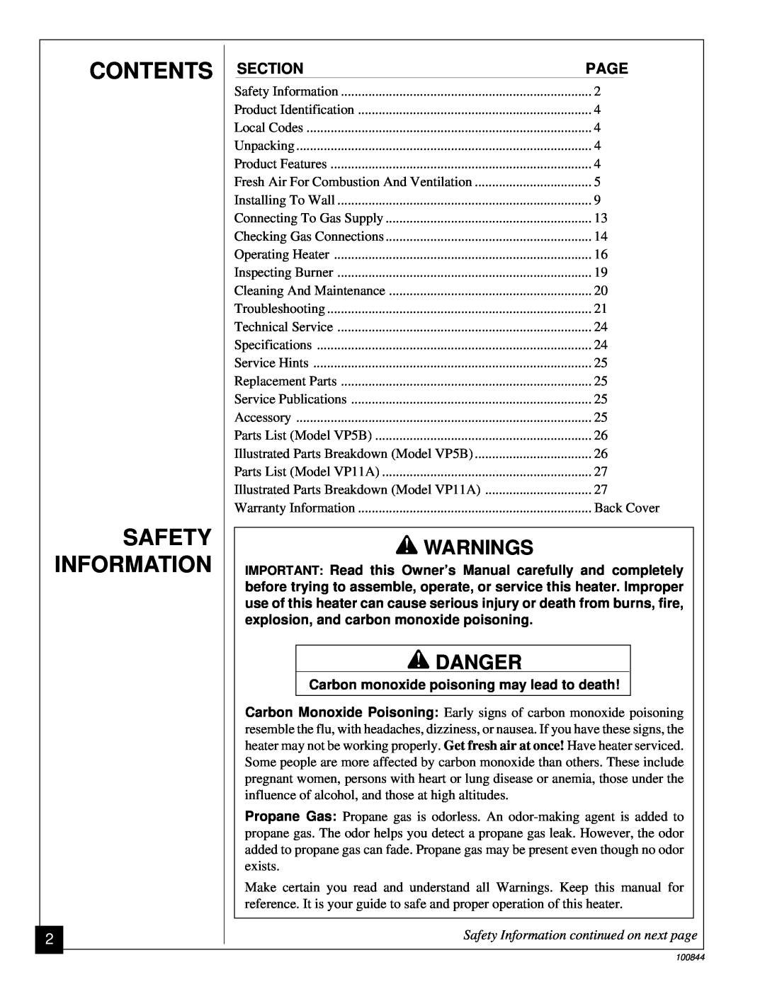 Desa VP5B, VP11A Contents Safety Information, Warnings, Danger, Safety Information continued on next page 