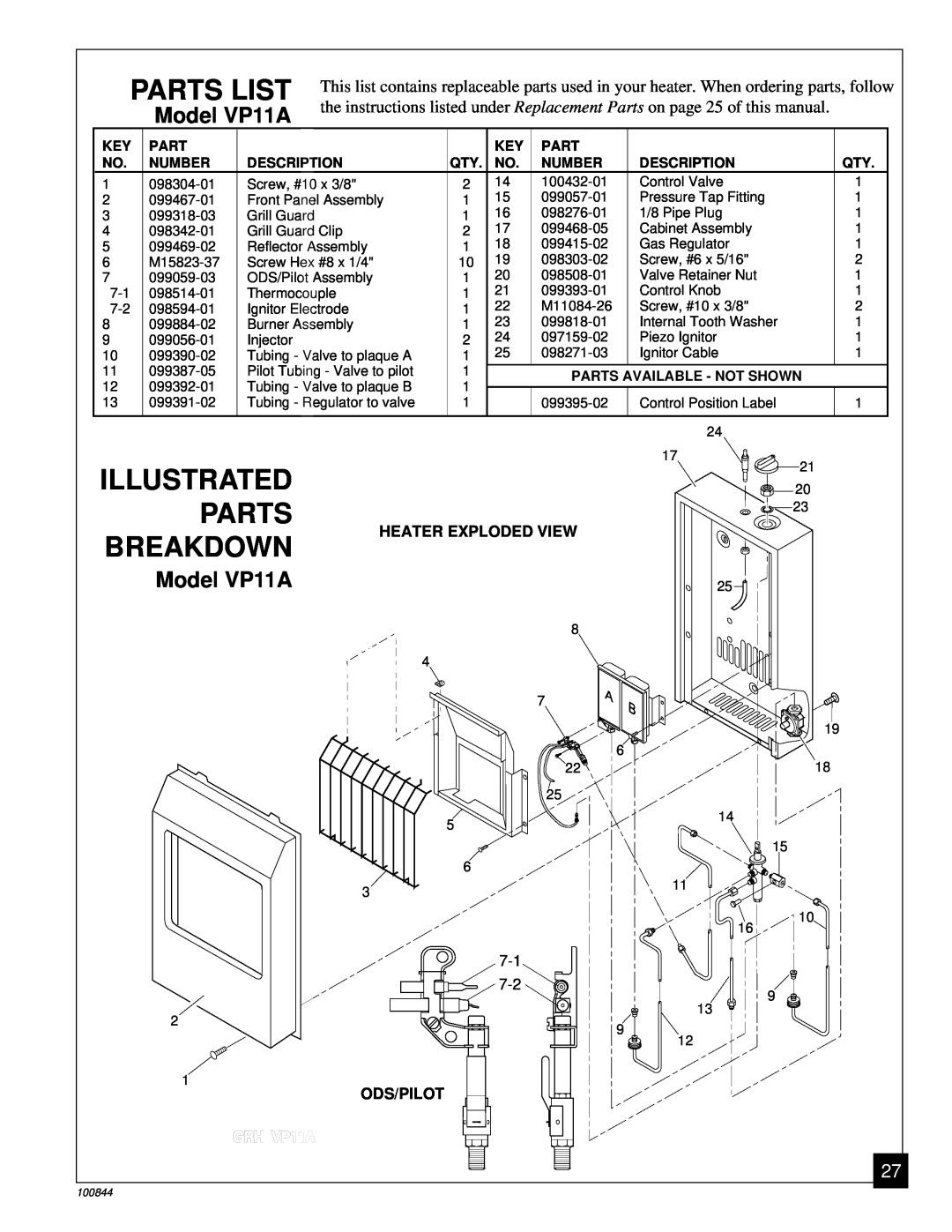 Desa Illustrated, Parts Breakdown, Model VP11A, Parts List, Number, Description, Parts Available - Not Shown, GRH VP11A 