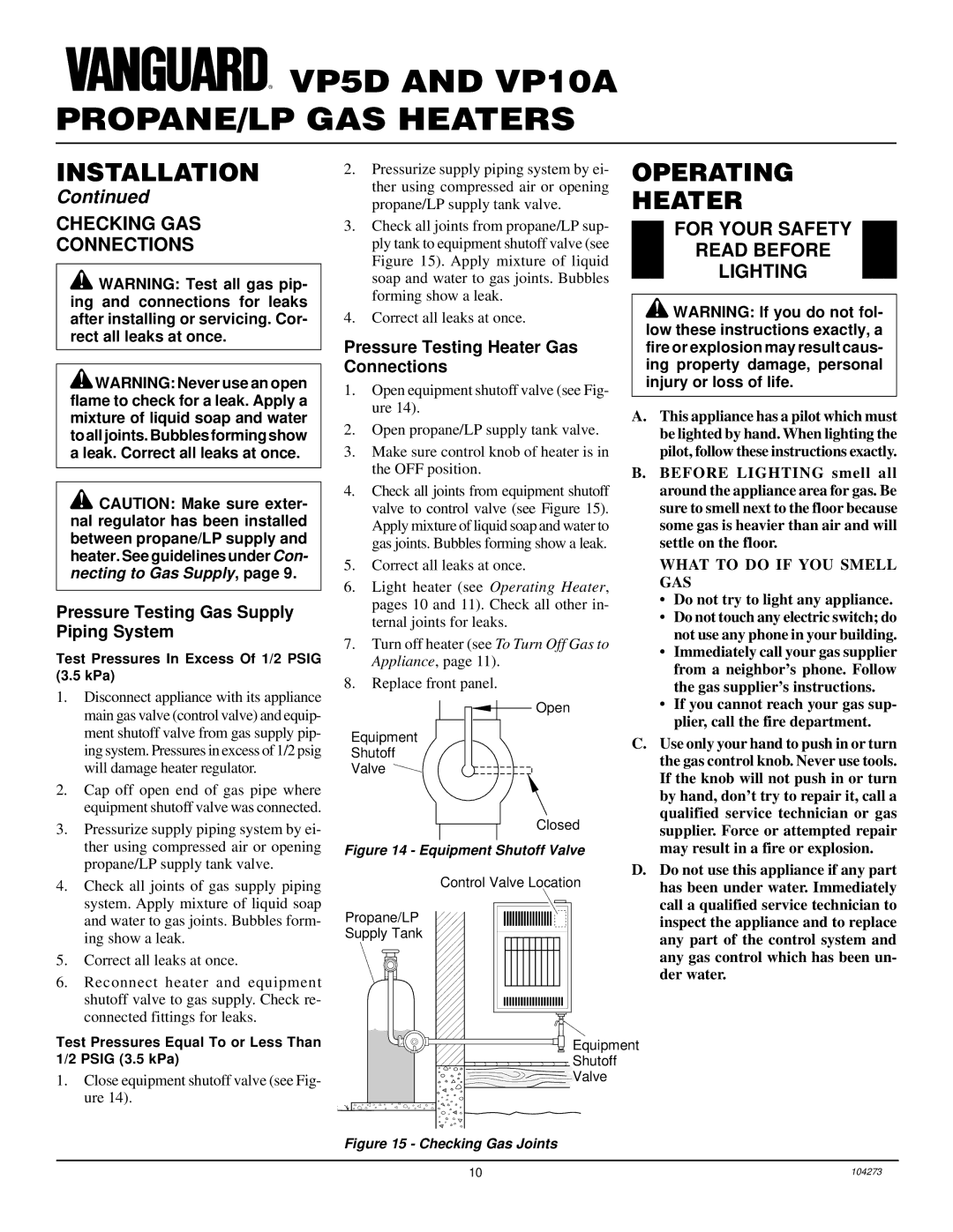 Desa VP5D installation manual Operating Heater, Checking GAS Connections, For Your Safety Read Before Lighting 