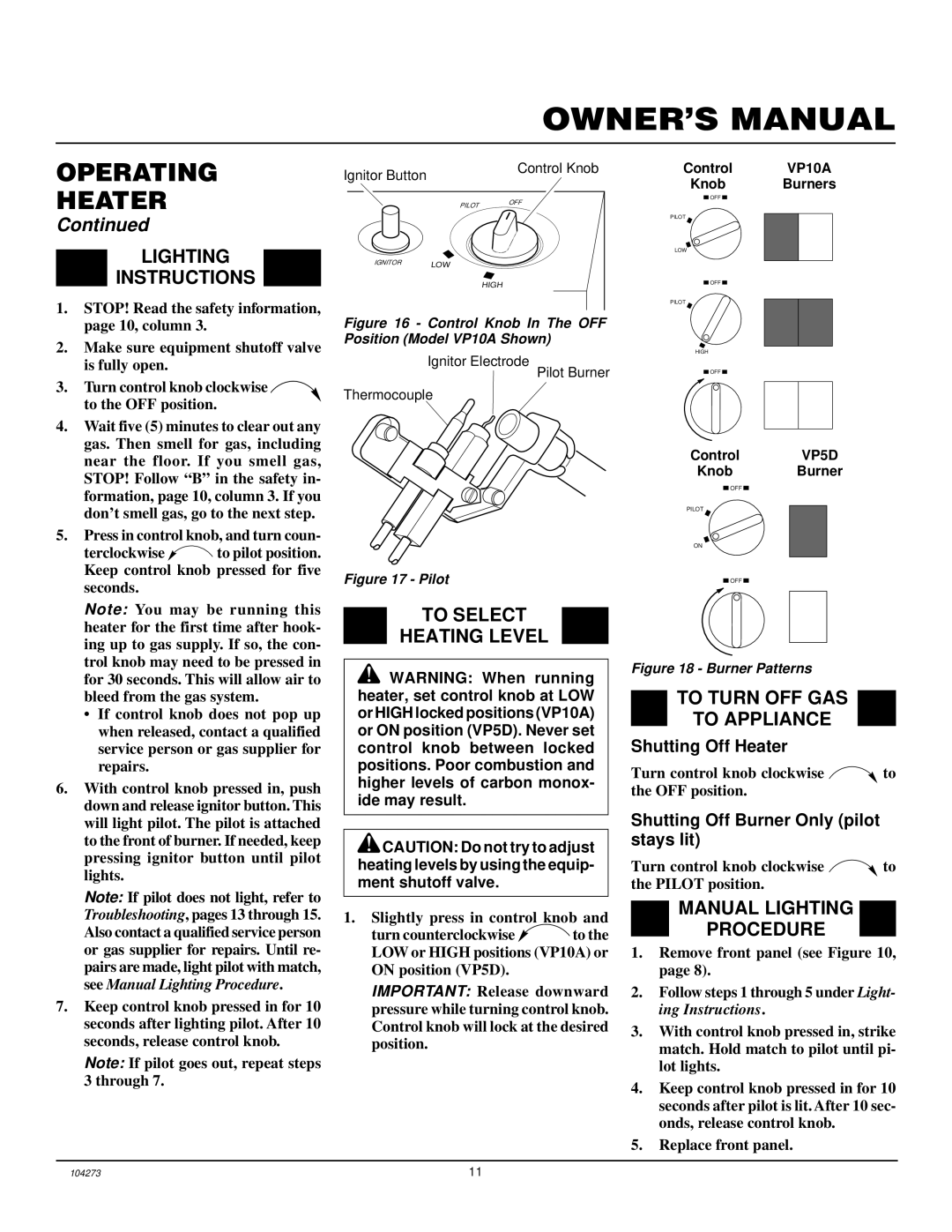 Desa VP5D Lighting Instructions, To Select Heating Level, To Turn OFF GAS To Appliance, Manual Lighting Procedure 