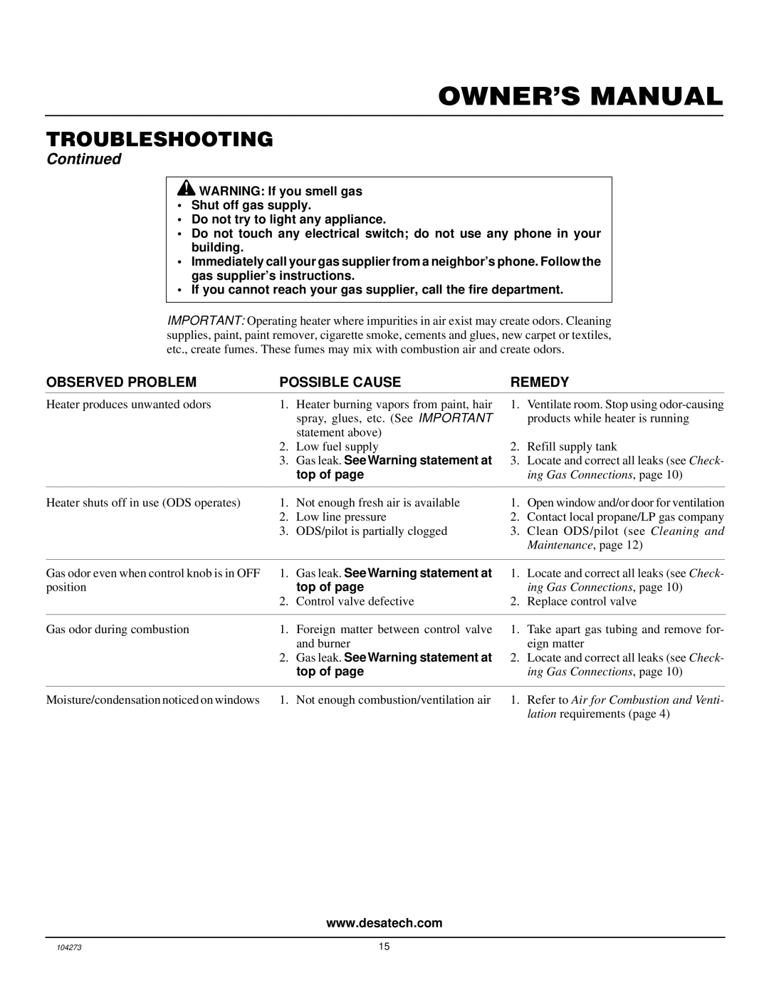 Desa VP5D installation manual Gas leak. See Warning statement at 