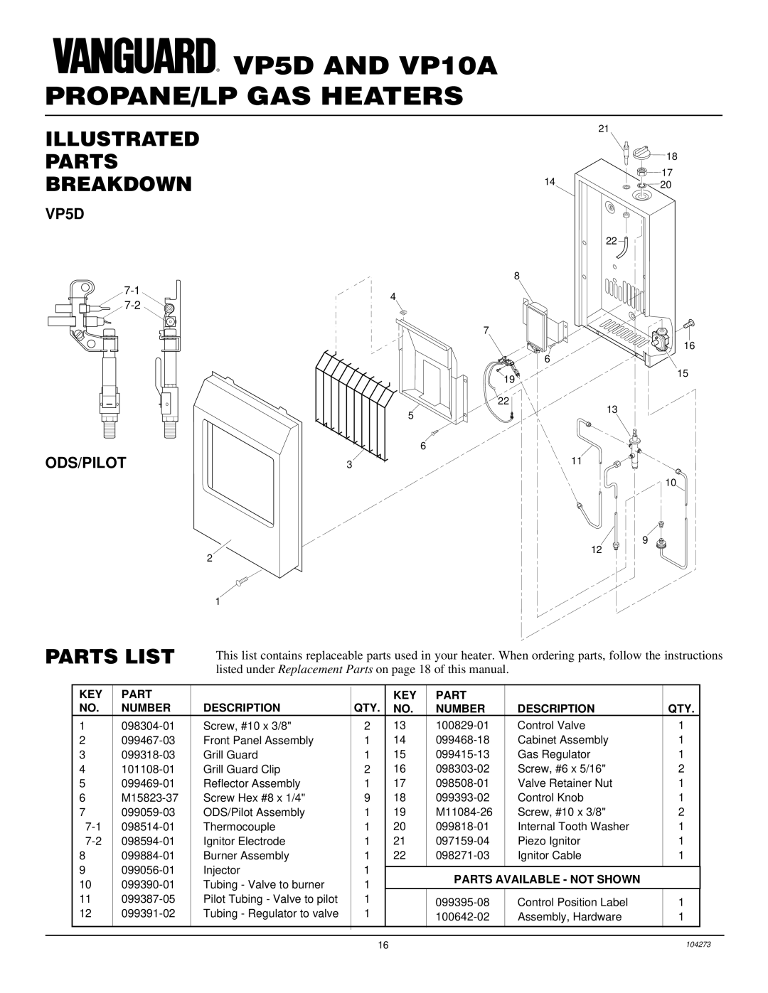 Desa installation manual Illustrated Parts Breakdown, Parts List, VP5D ODS/PILOT 