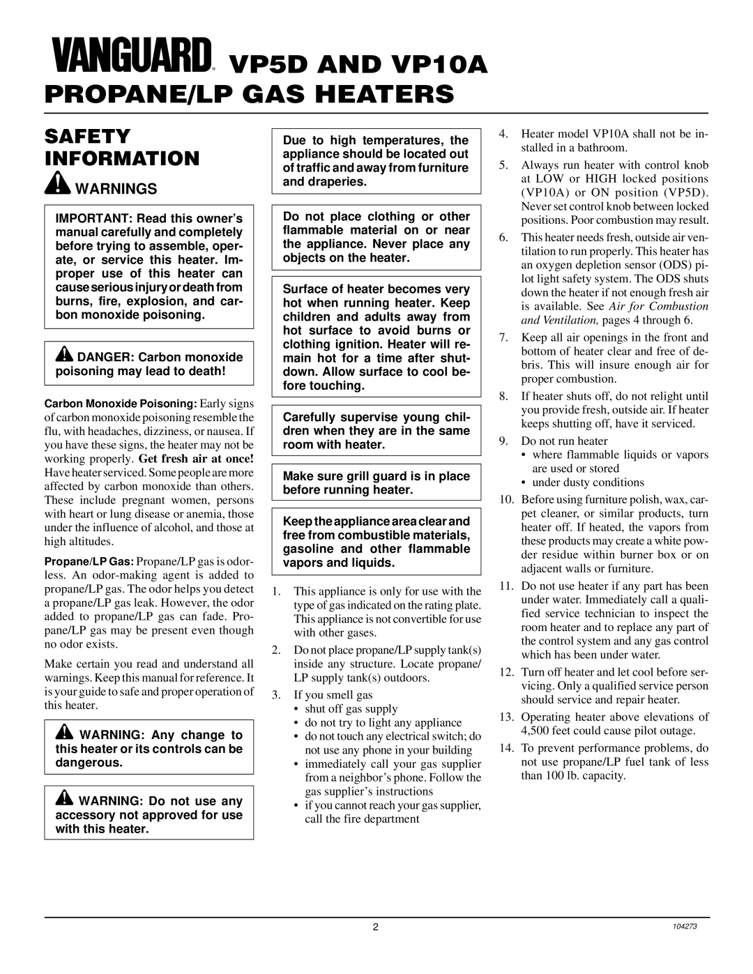 Desa VP5D installation manual PROPANE/LP GAS Heaters, Safety Information 