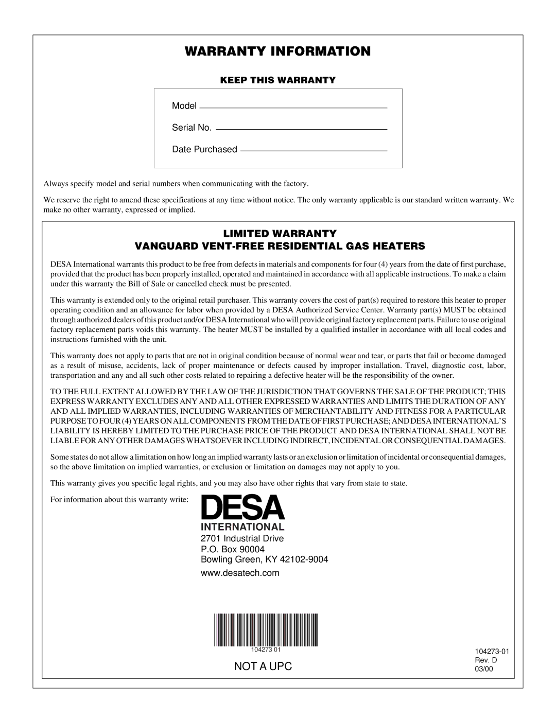 Desa VP5D installation manual Warranty Information 