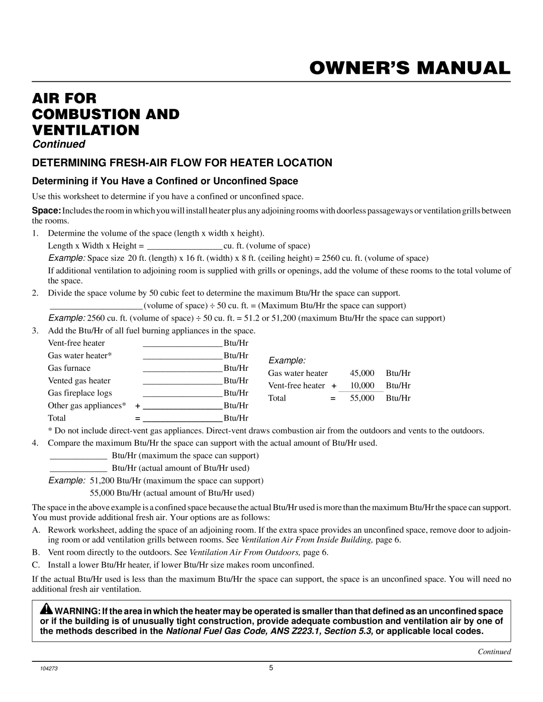 Desa VP5D installation manual AIR for Combustion Ventilation, Determining FRESH-AIR Flow for Heater Location 