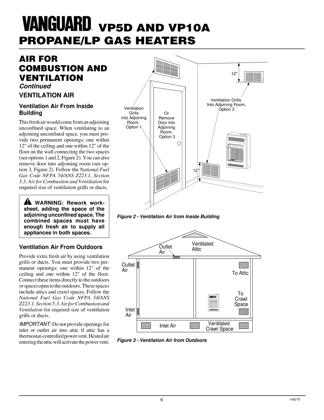 Desa VP5D installation manual Ventilation AIR, Ventilation Air From Inside Building, Ventilation Air From Outdoors 