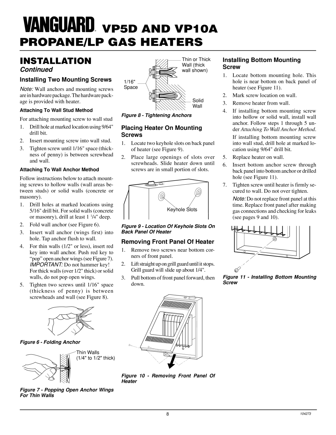 Desa VP5D Installing Two Mounting Screws, Placing Heater On Mounting Screws, Removing Front Panel Of Heater 