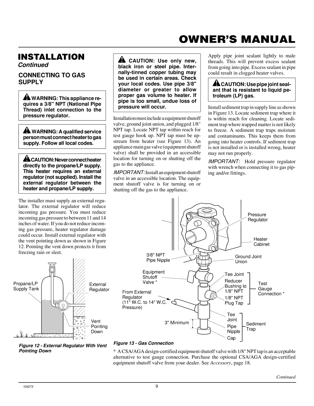 Desa VP5D installation manual Connecting to GAS Supply, External Regulator With Vent 