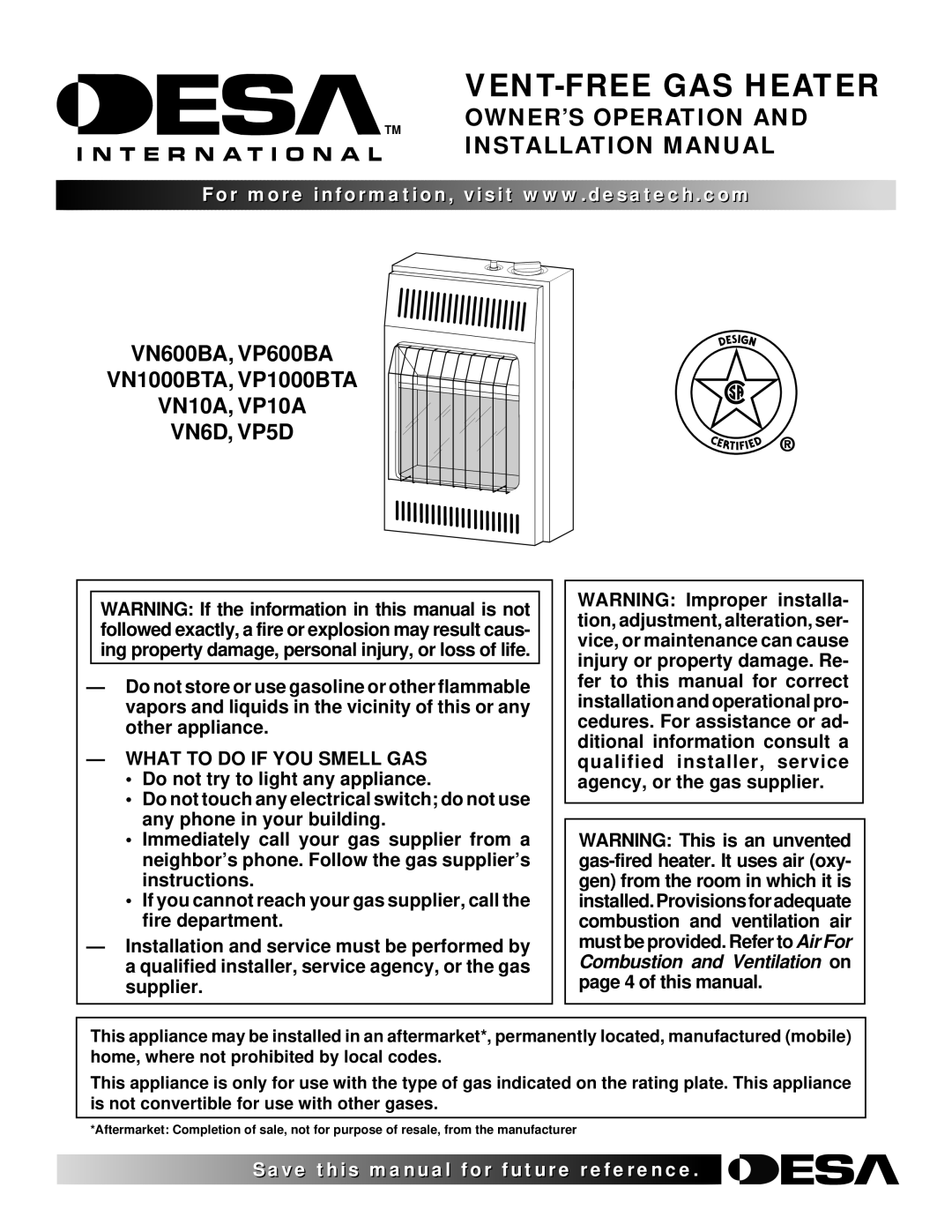 Desa VP1000BTA VN10A, VP10A installation manual VENT-FREE GAS Heater, What to do if YOU Smell GAS 