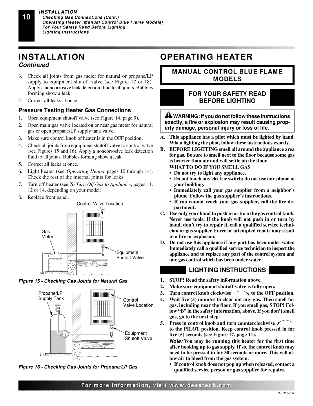 Desa VP1000BTA VN10A, VP10A Operating Heater, Lighting Instructions, Pressure Testing Heater Gas Connections 