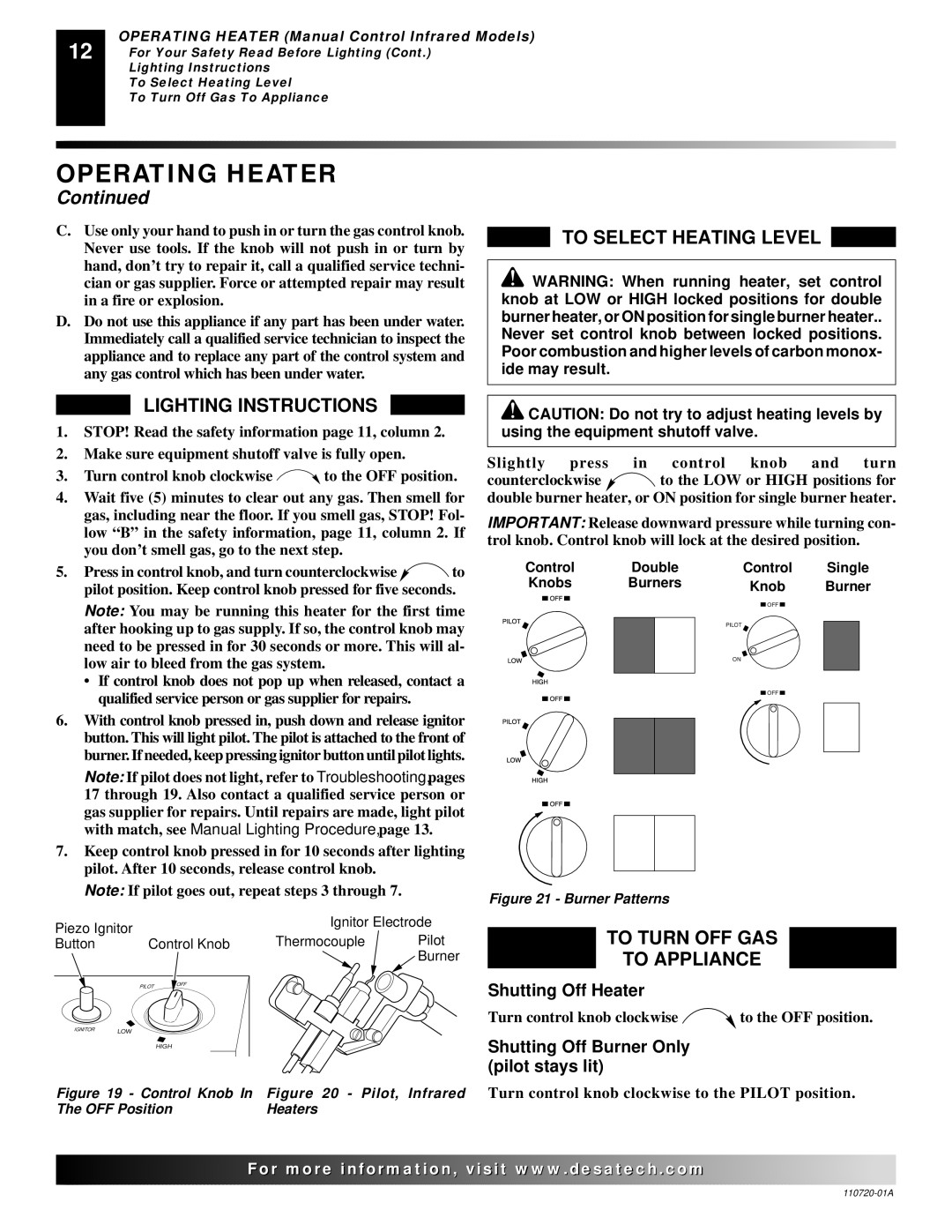 Desa VP10A, VP1000BTA VN10A installation manual To Select Heating Level, Burner Patterns 