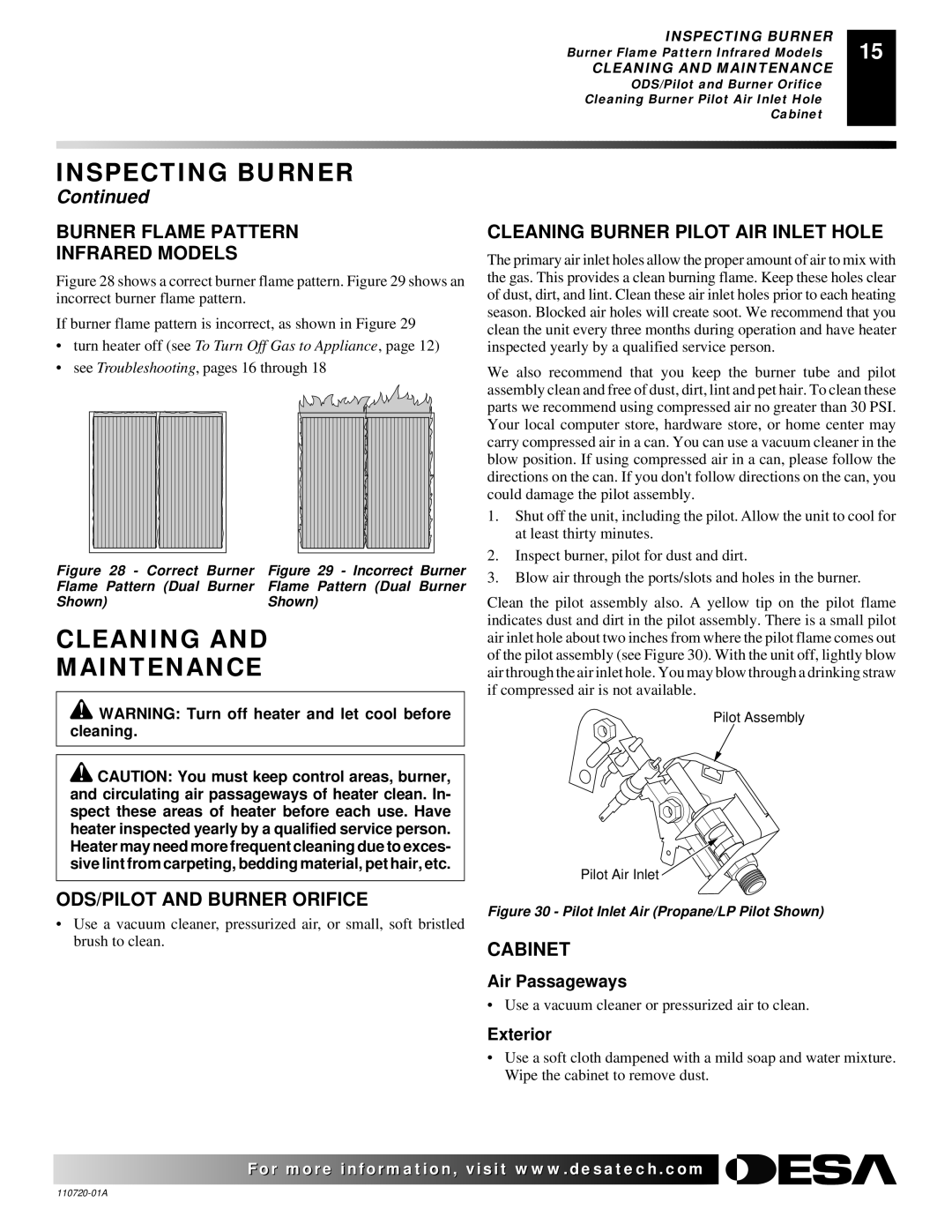 Desa VP10A Cleaning Maintenance, Burner Flame Pattern Infrared Models, ODS/PILOT and Burner Orifice, Cabinet 