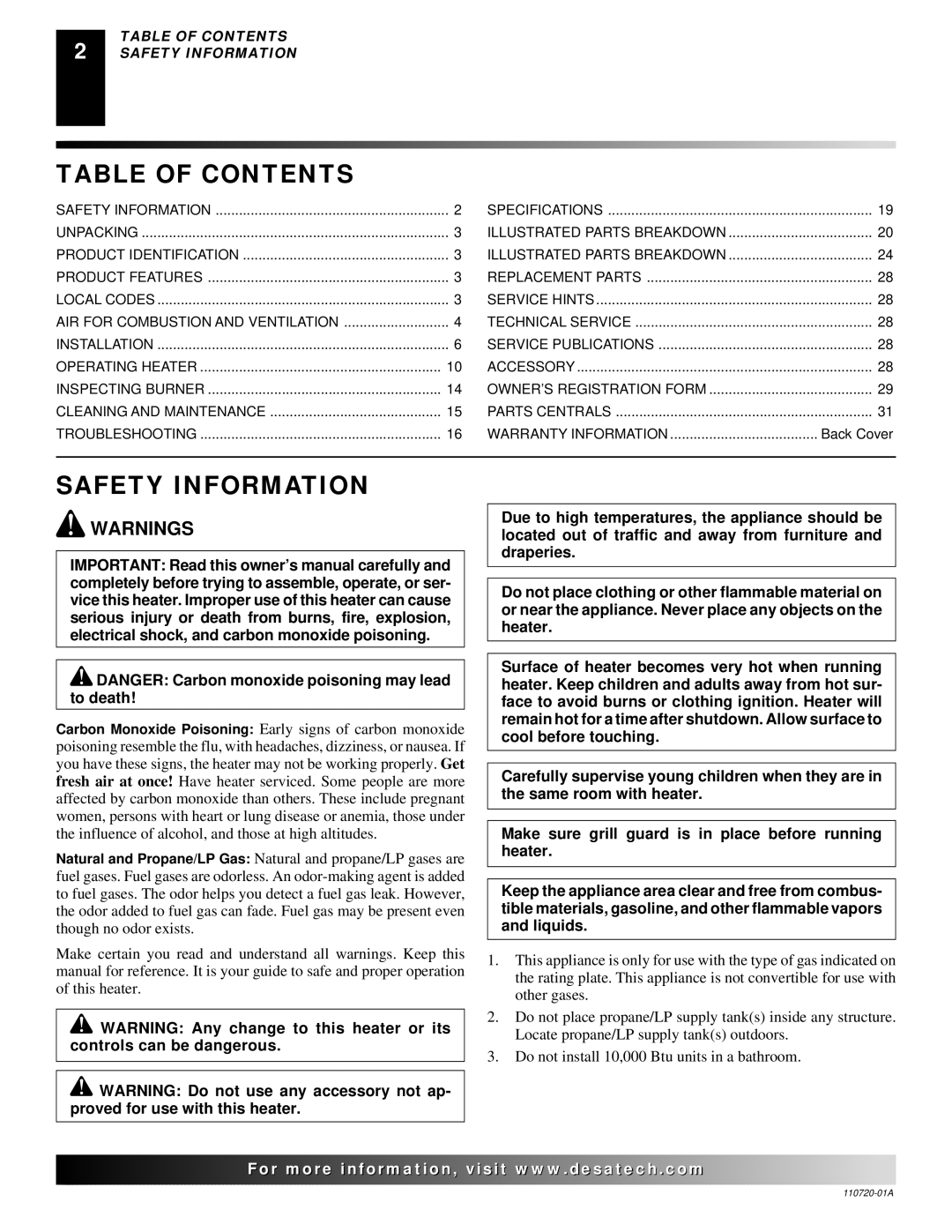 Desa VP600BA, VN600BA, VN1000BTA, VP1000BTA, VN10A, VP10A, VN6D, VP5D Table of Contents, Safety Information 