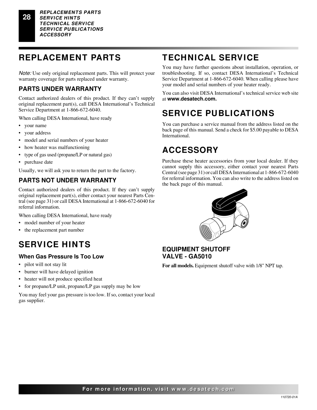 Desa VP1000BTA VN10A, VP10A Replacement Parts, Technical Service, Service Publications, Accessory, Service Hints 